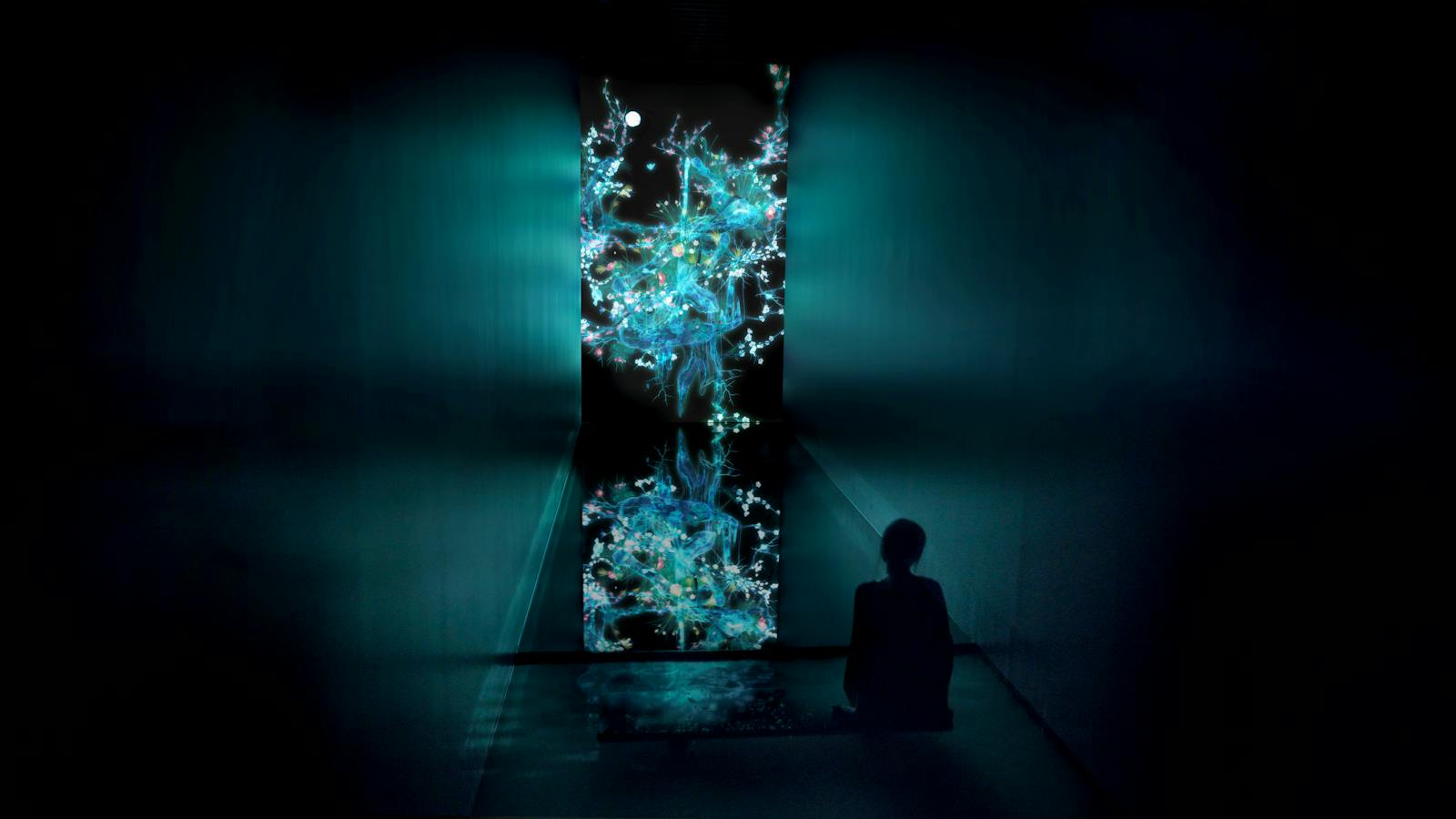 Silhueta meditativa diante da arte digital da teamLab Planets